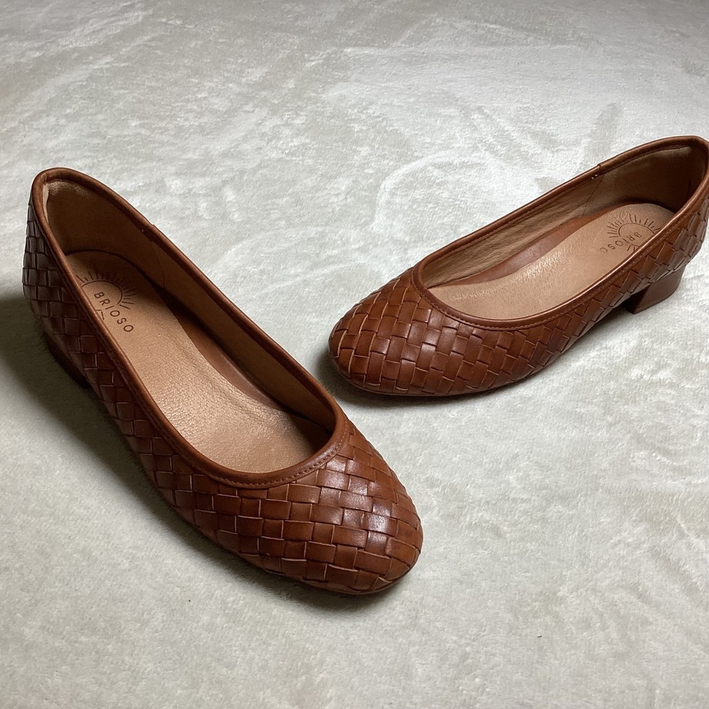 Brioso Woven Leather Ballet Flats Cognac Brown Low Block Heel Round Toe 8.5M